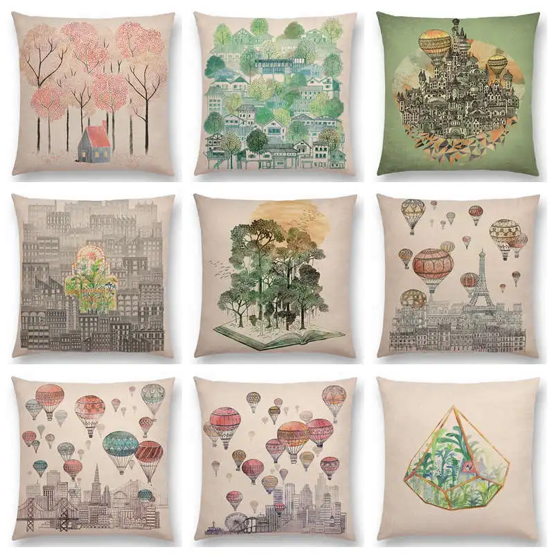 

Hot Sale Cabin Village City Building Plants Juniper Trees Kite Balloon Luna Color Sketch Cushion Home Decor Sofa Throw Pillow