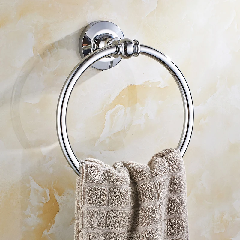 

European Polished Chrome Towel Rack Copper Round Base Towel Ring Bathroom Towel Bar Mounting Bathroom Accessories H-01