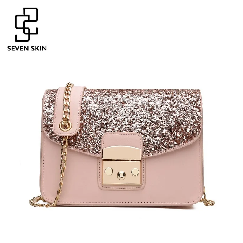 

SEVEN SKIN Women Sequined Messenger Bag Fashion Women's Leather Small Flap Bag Chain Strap Female Shoulder Crossbody Bags Bolsa