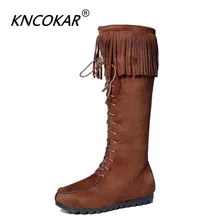 KNCOKAR/новые зимние женские сапоги с круглым носком замшевые сапоги с кисточками высокие сапоги и бархатные утепленные сапоги В рыцарском стиле, 36-40