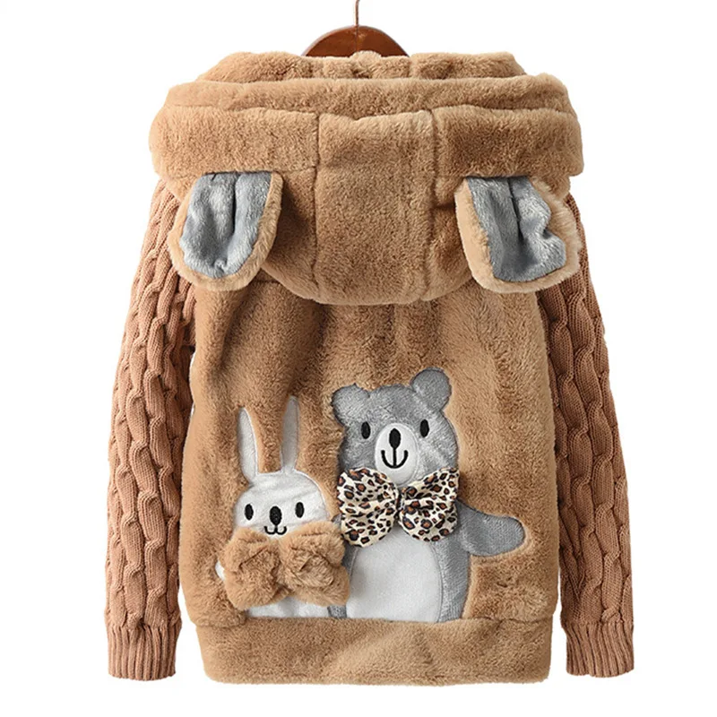 Зимнее пальто для маленьких девочек куртка с заячьими ушками детская флисовая верхняя одежда с искусственным мехом и Вельветовая плотная детская одежда для девочек 12 лет