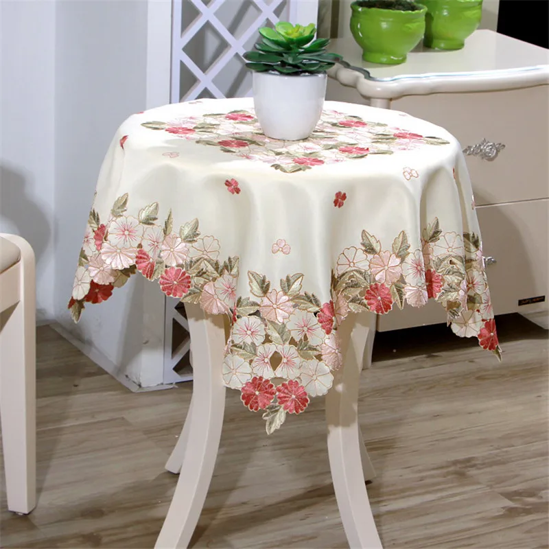 

Square 85*85cm Cutwork Handmade Embroidered Table Cloth Topper Luxury Polyester Satin Jacquard Embroidery Floral Tablecloths