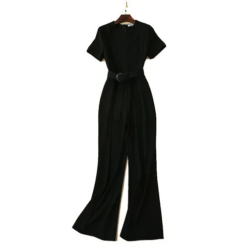 european and american style 2019 summer newest fashion women's solid black long jumpsuits o-neck short sleeve belted jumpuits xl