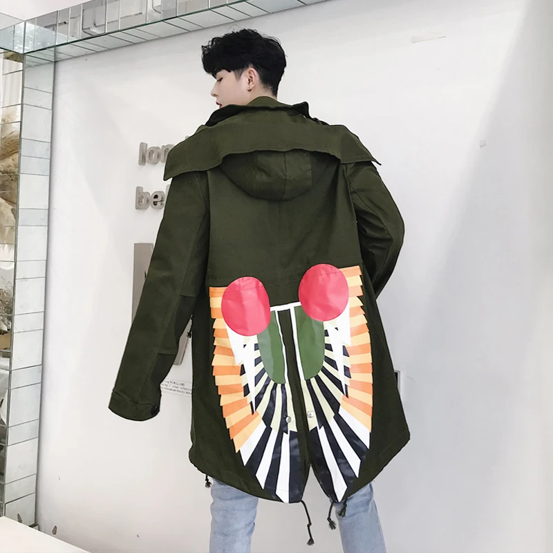 

2018 Designer's alternative ancient Egyptian printed trench jacket popular logo medium long hooded jacket [M-XXL]