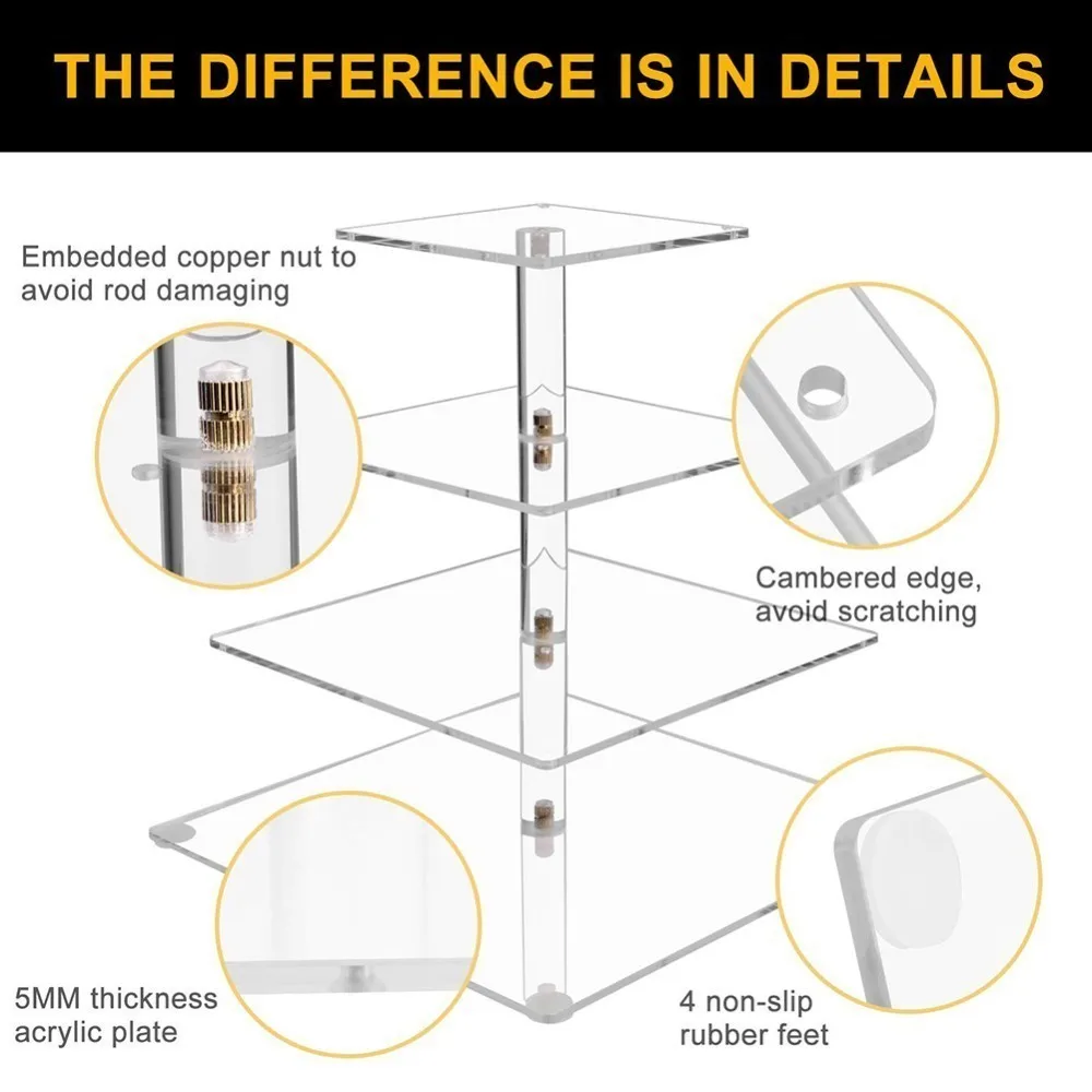 4 яруса Кондитерская подставка акриловая квадратная витрина для кексов с светодиодный гирляндой десертная башня дерево для дня рождения/свадьбы