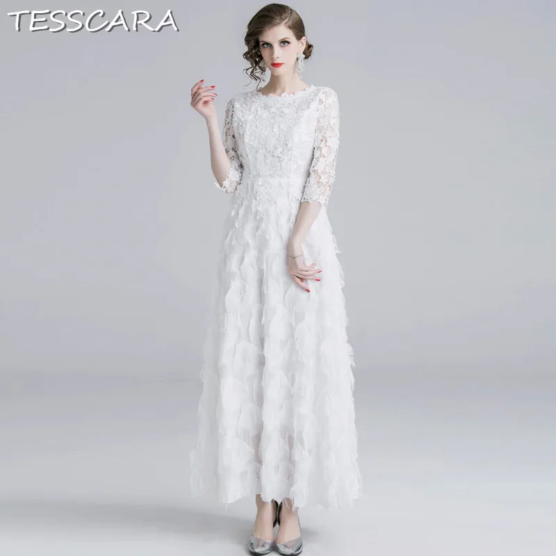 

TESSCARA Women Elegant White Lace Dress Festa Female High Quality Wedding Party Robe Femme Designer Long Maxi Mesh Vestidos