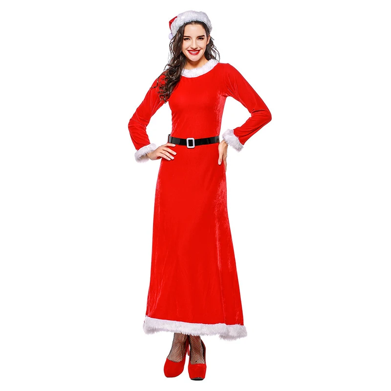 Sladuo Для женщин рождественские костюмы Санта Клаус форма для взрослых пикантные с длинным рукавом красный бархат длинное платье