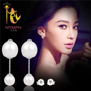 

NYMPH Brand Natural freshwater pearl earring ,apple round double side 925 silver earrings for women E122
