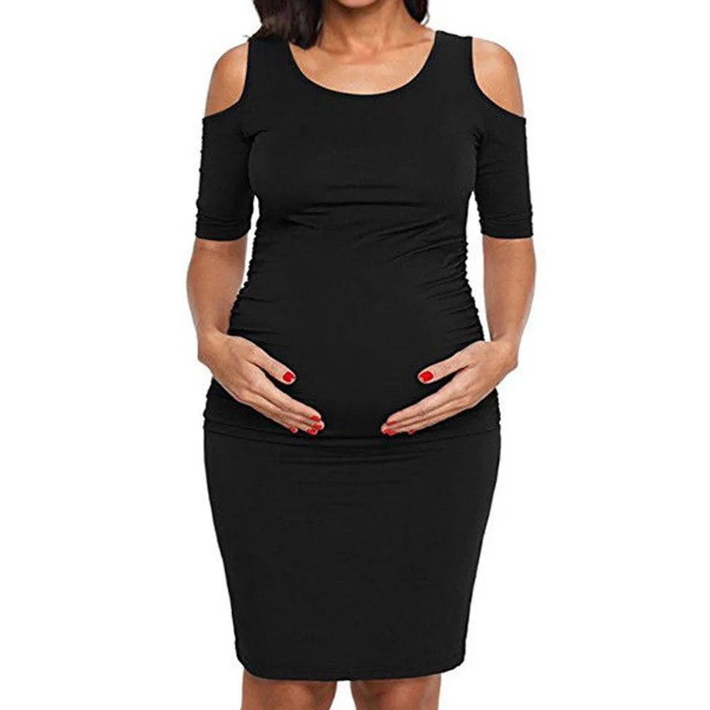 Новая Весенняя мода 2019 для беременных женщин кормящих ребенка холодное плечо платья сплошной цвет половина печати материнства платье