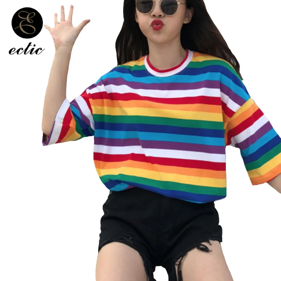 Harajuku Радужная футболка Vetement Femme 2018 корейская мода Красочная горизонтальная