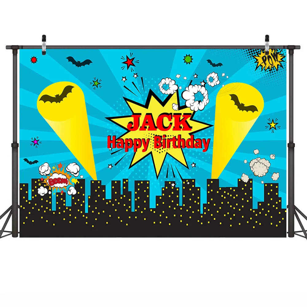 Mehofoto Super Hero Theme Party Background Happy Birthday Backdrop for Baby Batman Boom Pow Anime Night Stripes Star Build