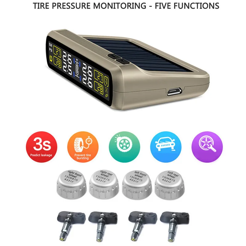 

Car Tire Pressure Monitoring System T881 Solar Power TPMS 6-in-1 Accurate monitor Automatic Wireless Connection Built-in Sensors