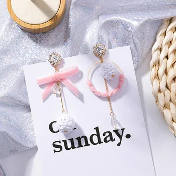

12pairs/lot Korean fashion asymmetric bow knot wool ball earrings personality exaggerated pink Earrings