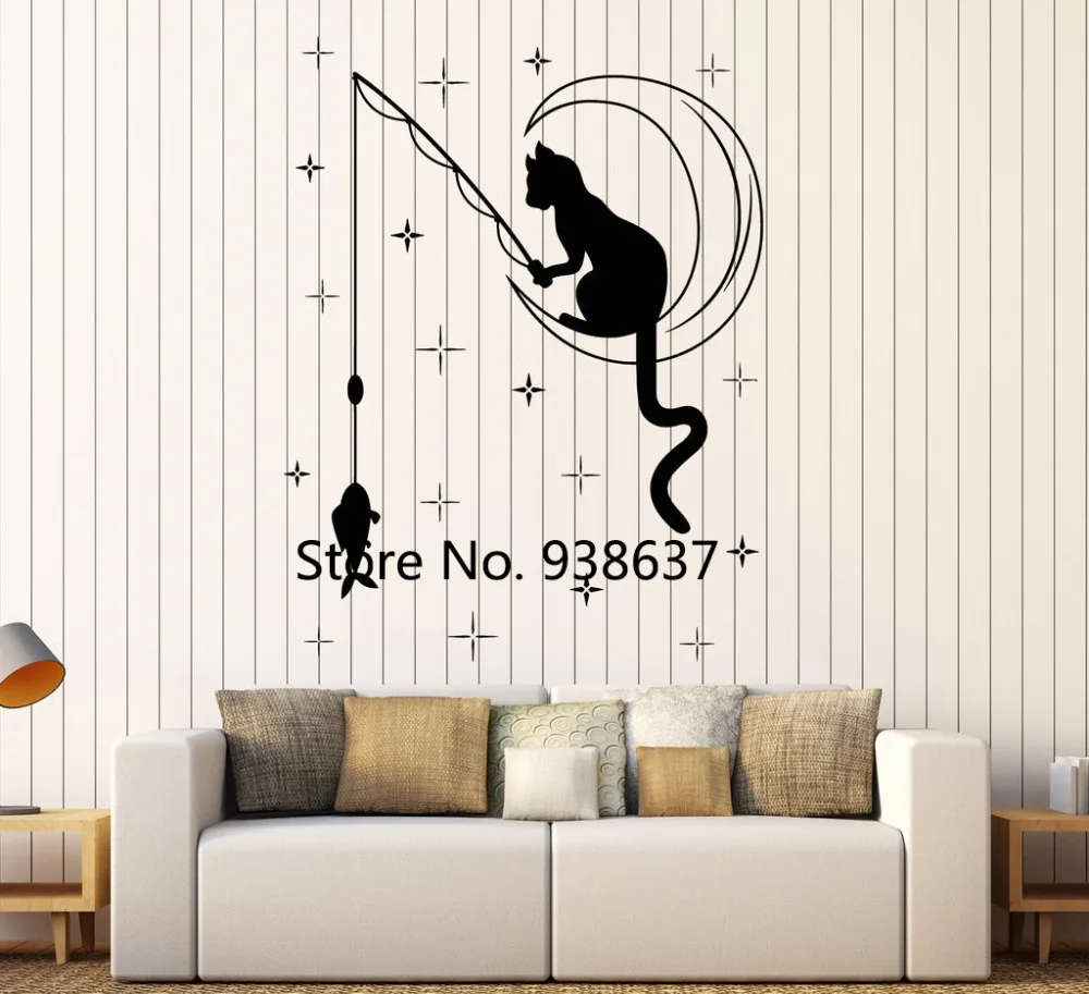 Cute Vinyl Wall Decal Cat Fishing Stars Crescent Nursery Bedroom Wall Stickers Home Decor Kids Room Bedroom High Quality ZA969