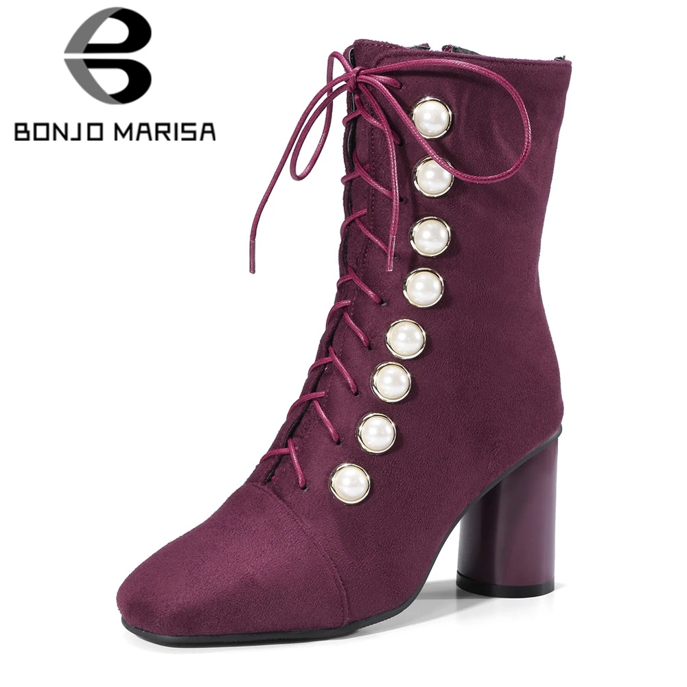 

BONJOMARISA Plus Size 32-48 New Square High Heels Shoes Cross Tied Pearl Zip Shoes Woman Casual Retro Winter Spring Ankle Boots