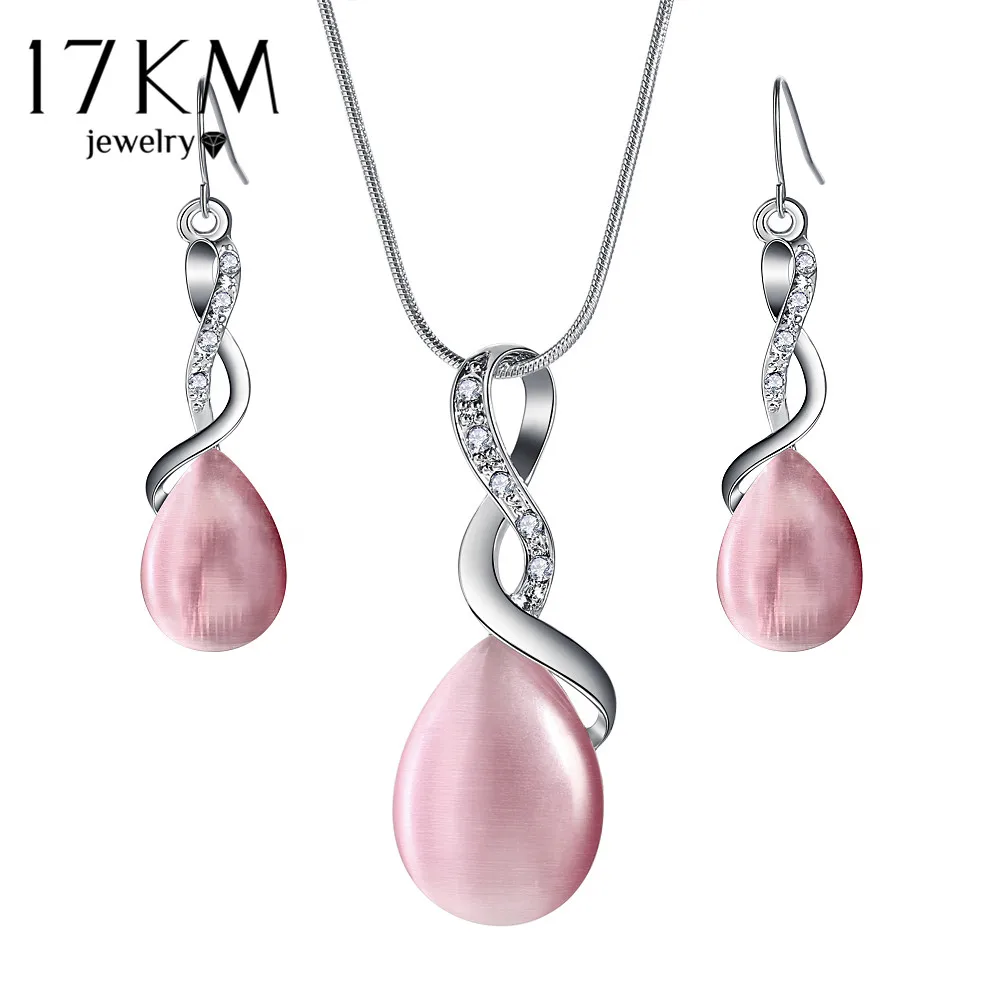 

17KM Fashion Opal Jewelry Sets For Woman Cubic zirconia Water Drop Necklace Pendant Earrings Statement Bridal Wedding Party Gift
