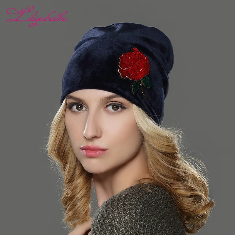 Liliyabaihe новая шапка женская осенняя и зимняя шапка для девочек шляпы для женщин велюр шапочки самые Роза украшения для девочек