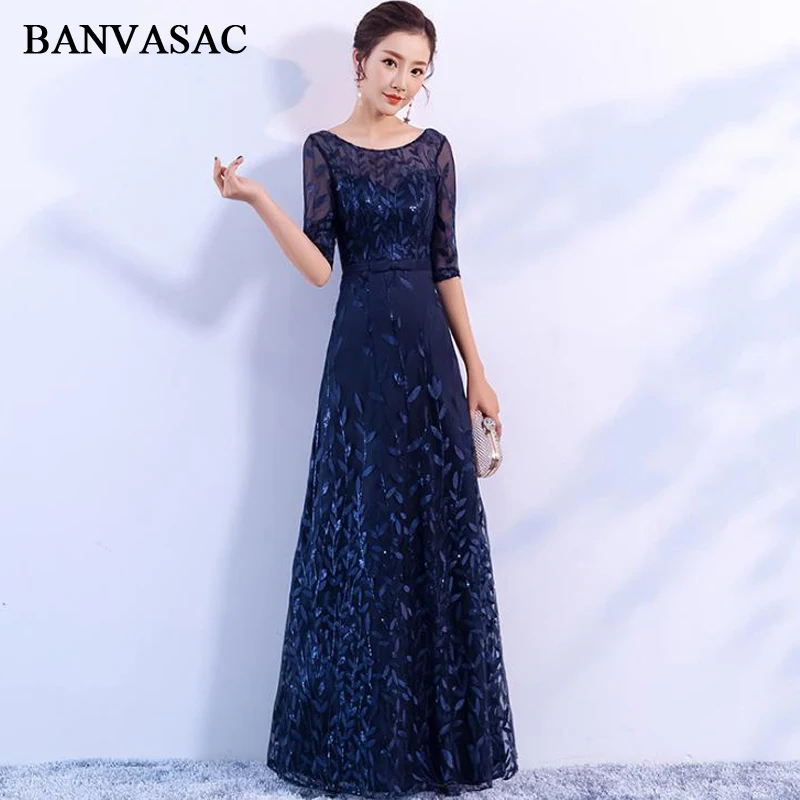 

BANVASAC 2018 O Neck Sequined A Line Long Evening Dresses Party Bow Sash Lace Illusion Half Sleeve Backless Prom Gowns