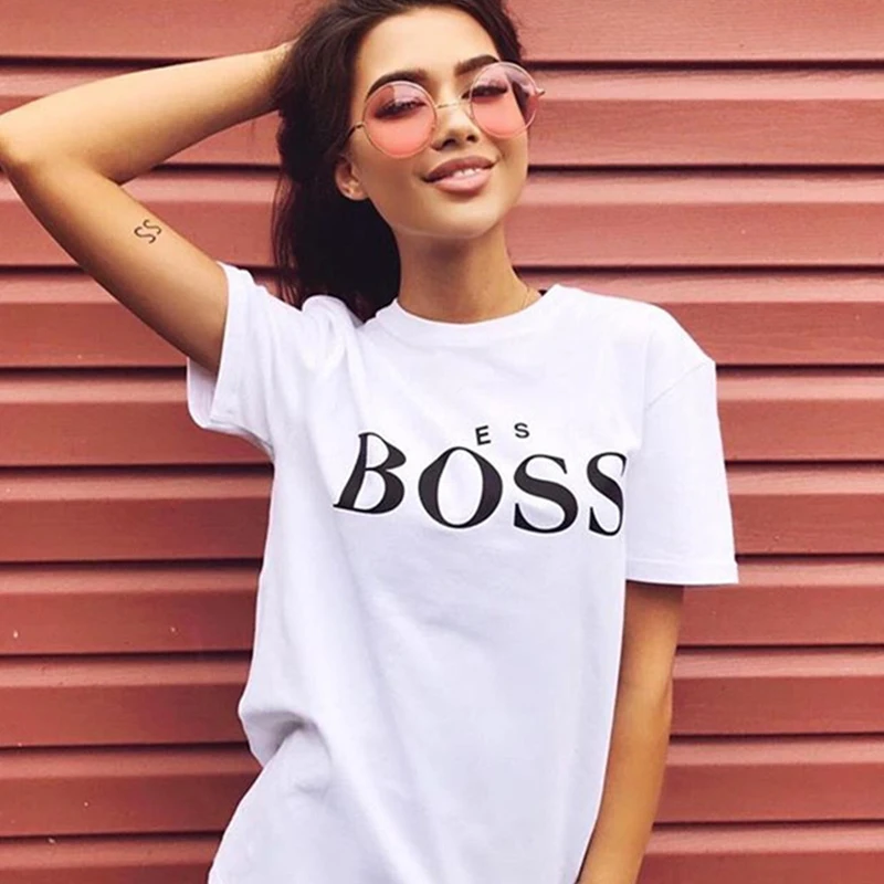 Футболка с коротким рукавом boss Женская принт буквами и о-вырезом 2019 | одежда