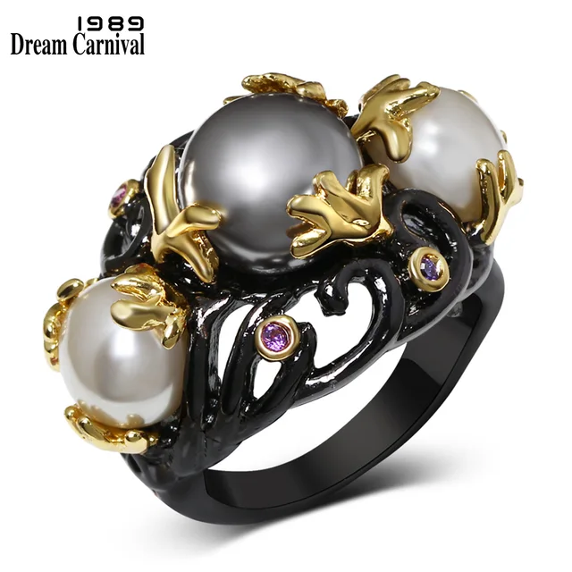 DreamCarnival 1989 Gray Tone Created Pearls Ring for Women Purple CZ Vintage Fra DreamCarnival 1989 Gray Tone Created Pearls Ring for Women Purple CZ Vintage Fra