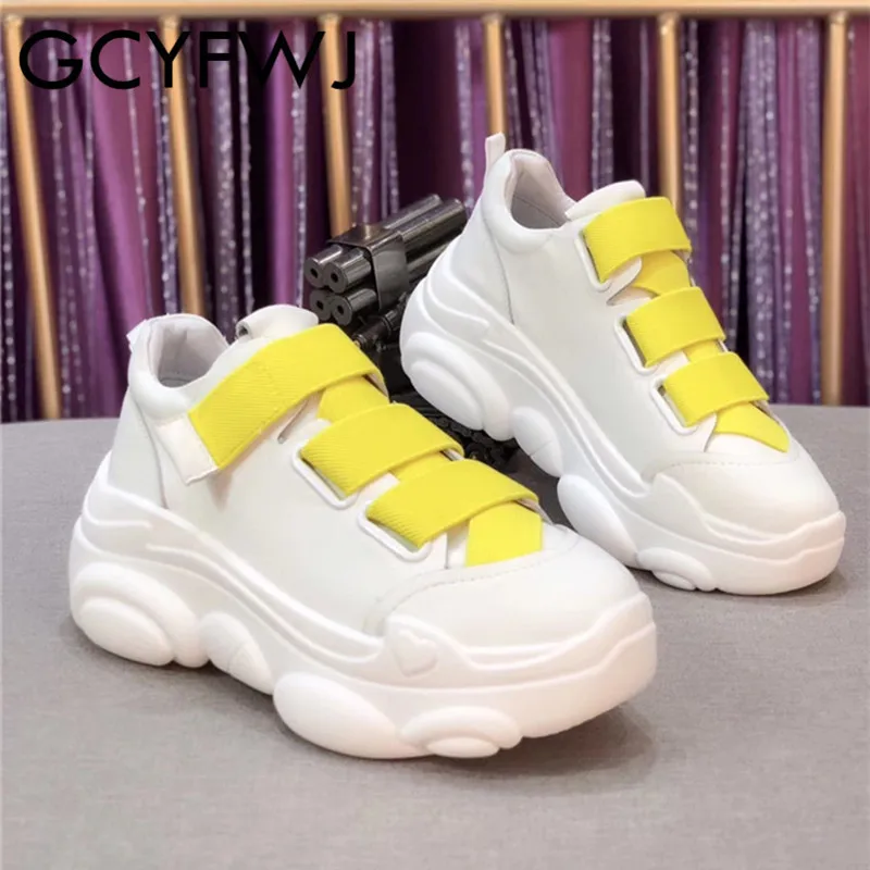 GCYFWJ/модные кроссовки; женская обувь из натуральной кожи на толстой подошве; эластичная женская обувь на платформе с петлей HookLoop; цвет желтый