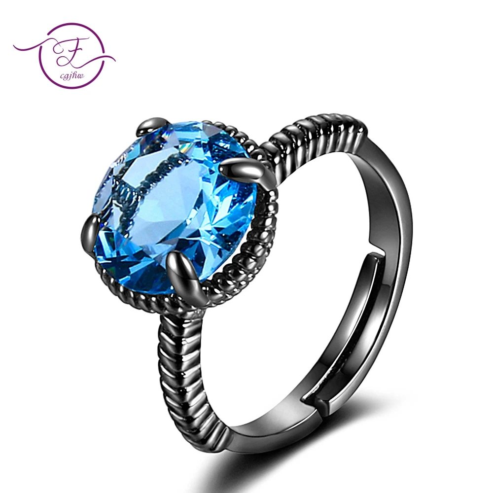 

Hot Sale Black Gun Plated Natural Aquamarine rings 10X10MM Round Gemstone Vintage 925 Silver Ring Elegant New Fashion Jewelry