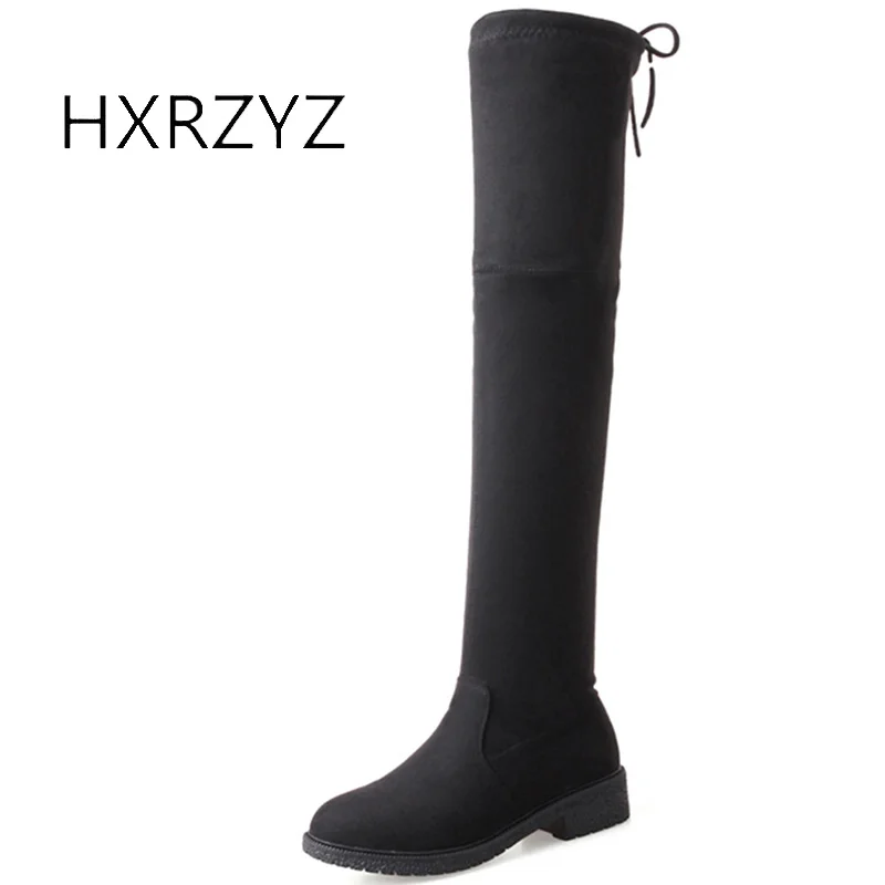 

HXRZYZ women over the knee boots black soft suede boots autumn winter fashion lace-up warm elastic Increased shoes women shoes