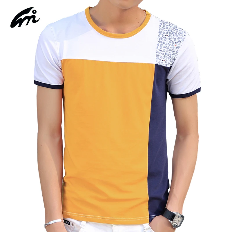 New Summer Mens Patch T Shirts Cotton Stripe Short Sleeve T Shirt Men