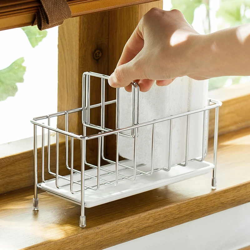 Stainless steel sponge storage rack double drainer shelves steel ball dishcloth scouring pad holder bathroom kitchen organizer Stainless steel sponge storage rack double drainer shelves steel ball dishcloth scouring pad holder bathroom kitchen organizer