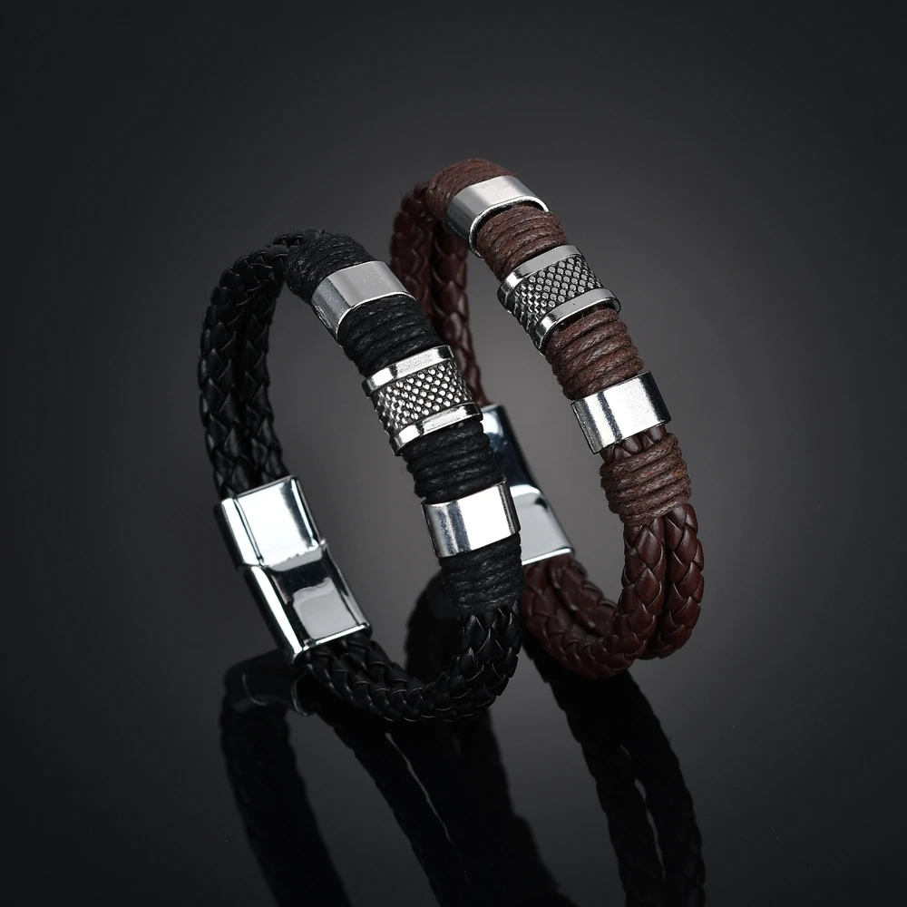 Punk Handmade Black Brown Braid Leather Bracelets Men Fashion Cool