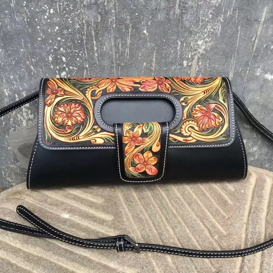 

Chinese Flower Engarved Style Handmade Genuine Leather Women Single Cross Shoulder Bag Female Clutch Bag Lady Flap Envelop Purse