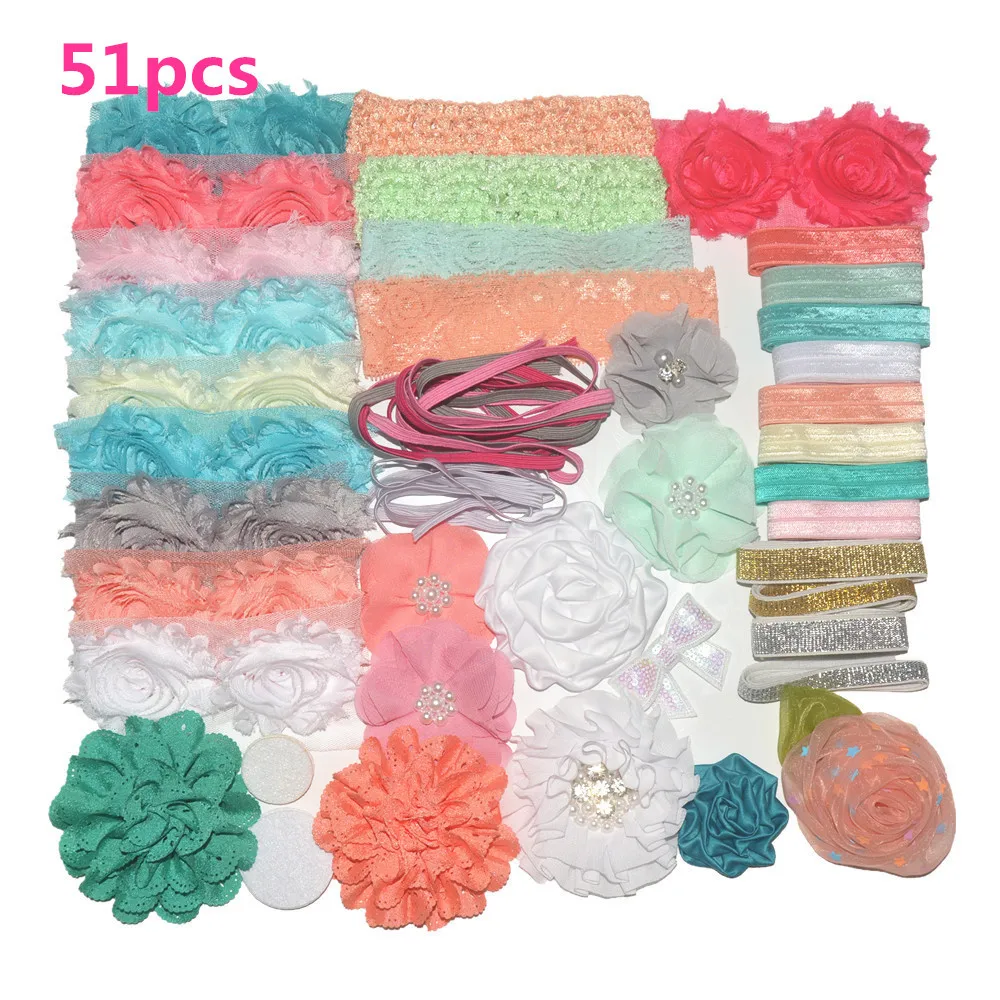 51pcs/lot DIY headbands kit ,Chiffon Fabric Flowers For Girl Headband