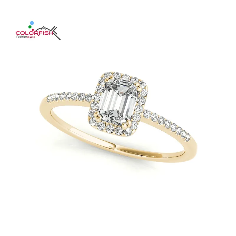 

COLORFISH Fashion 1 ct Square Halo Engagement Ring For Women Rose Yellow Gold Color 925 Sterling Silver Thin Wedding Band Ring