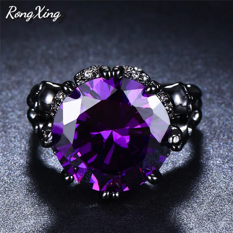 RongXing стильные кольца для мужчин и женщин с большим каменным черепом, Черное золото, Круглый Циркон, фиолетовый/красный камень, скелет, байкерское кольцо