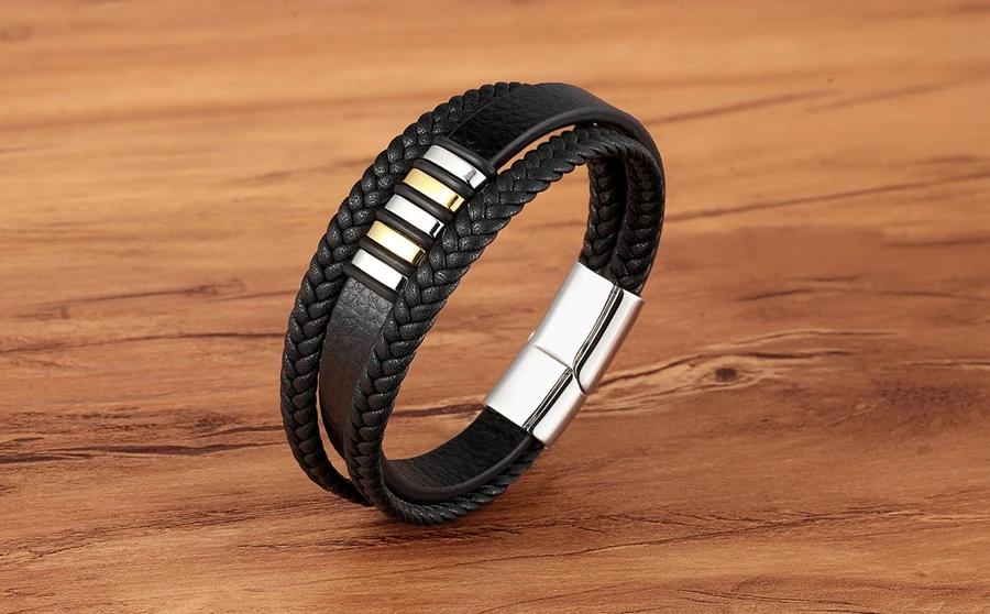 Fashion Stainless Steel Charm Magnetic Black Men Bracelet Leather Genuine Braided Punk Rock Bangles Jewelry Accessories Friend