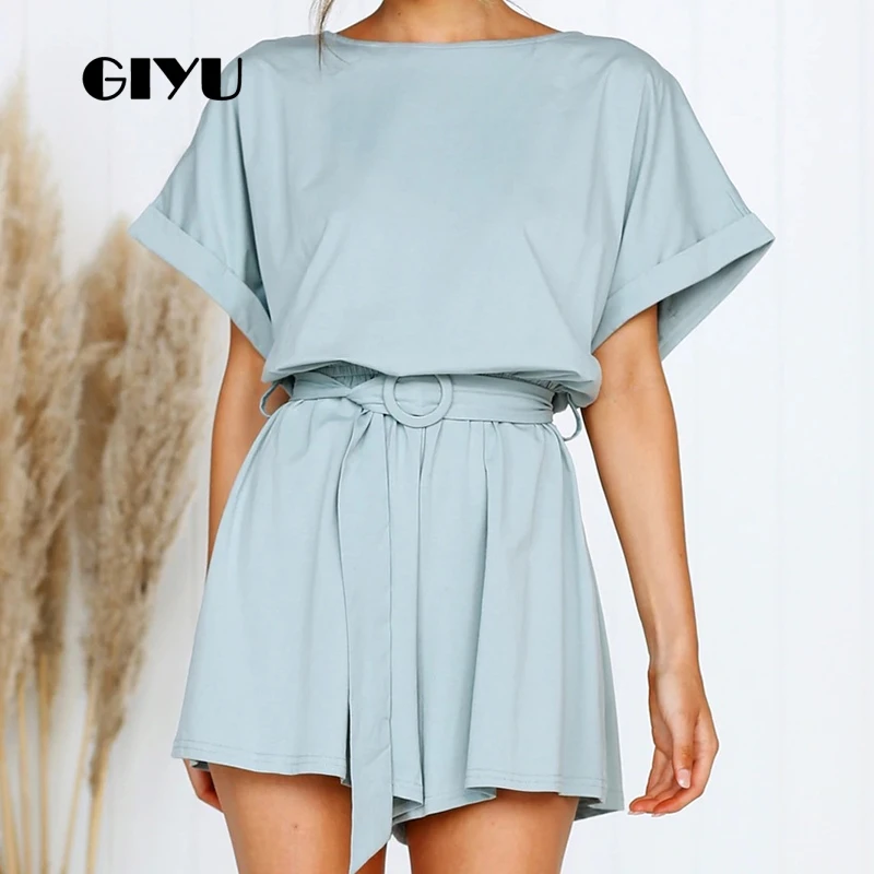 

GIYU Summer Short Sleeve Playsuits Casual Loose Solid Bodysuits Women Overalls with Sashes High Waist Tie Up Romper 2019