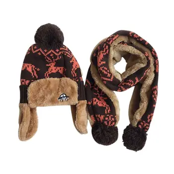 

Newborn Infrant Autumn Winter Warm Bear Baby Hat Cap Scarf Set Cartoon Wool Hair Ball Covered Ears Soft Caps