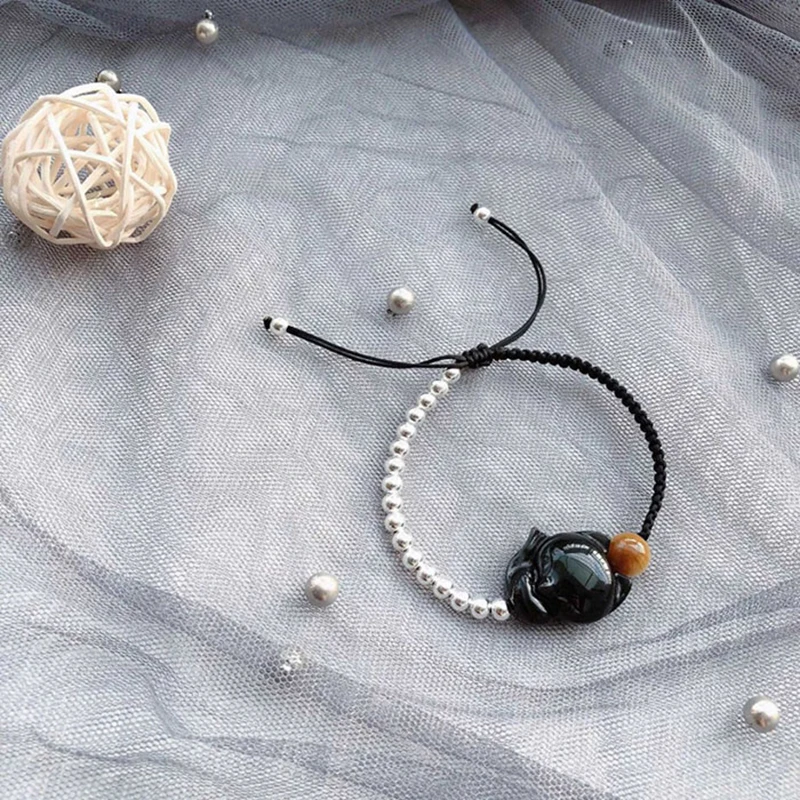 Natural Obsidian Romantic Fox Bracelet Jewelry Copper Black Fox Bracelet Female Natural Stone Adjustable Rope Beads For Bracelet