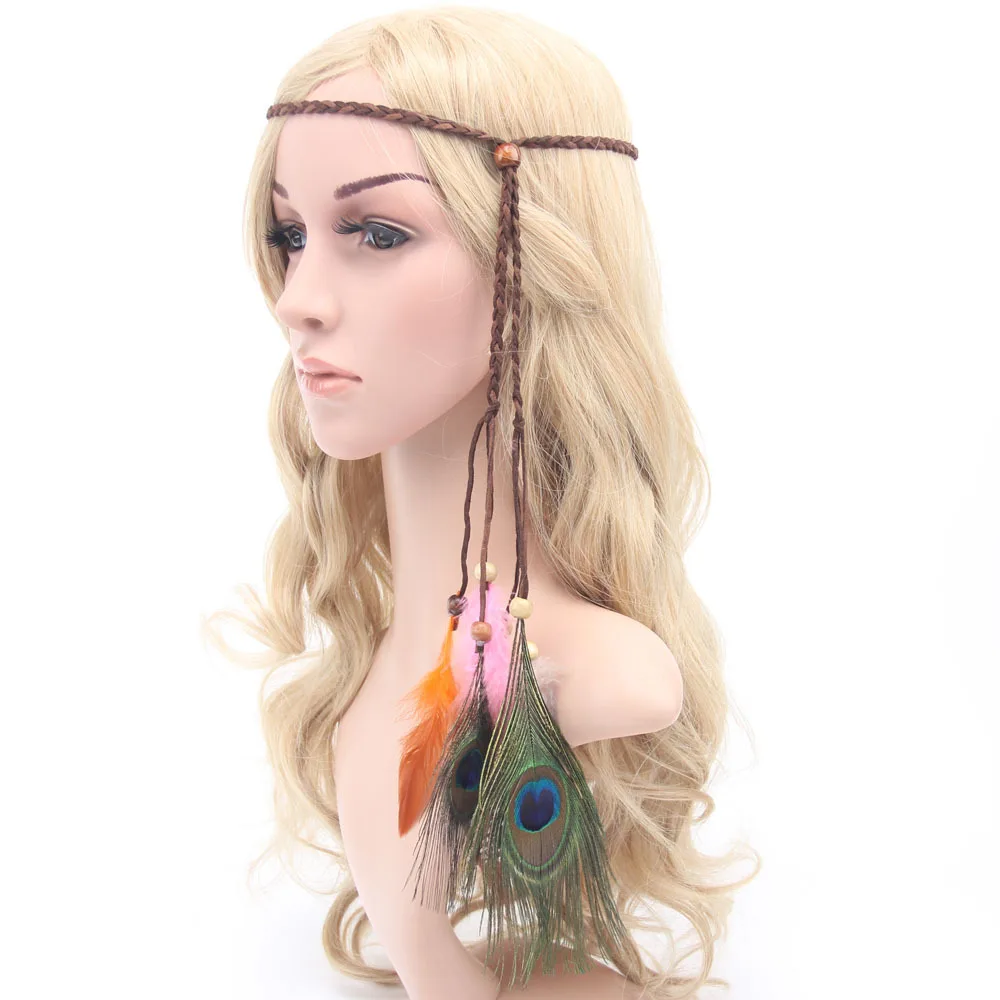 Fabulous Bohemia Peacock Feather Headband Women Beads Hair Rope Ethnic Indian Style Hair Band