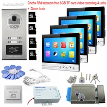 8GB TF Card Recording 4 Units Video Door Phone 9 Inches Color Monitors Rfid Keyfob Intercom With A Camera Door Bell With Lock