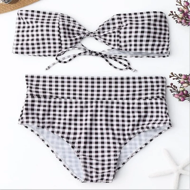 

Sexy Bandeau Bikini 2018 Plaid Swimwear Women Swimsuit Off Shoulder Bikini Set Bathing Suit High Waist Backless Biquini Bow Tie