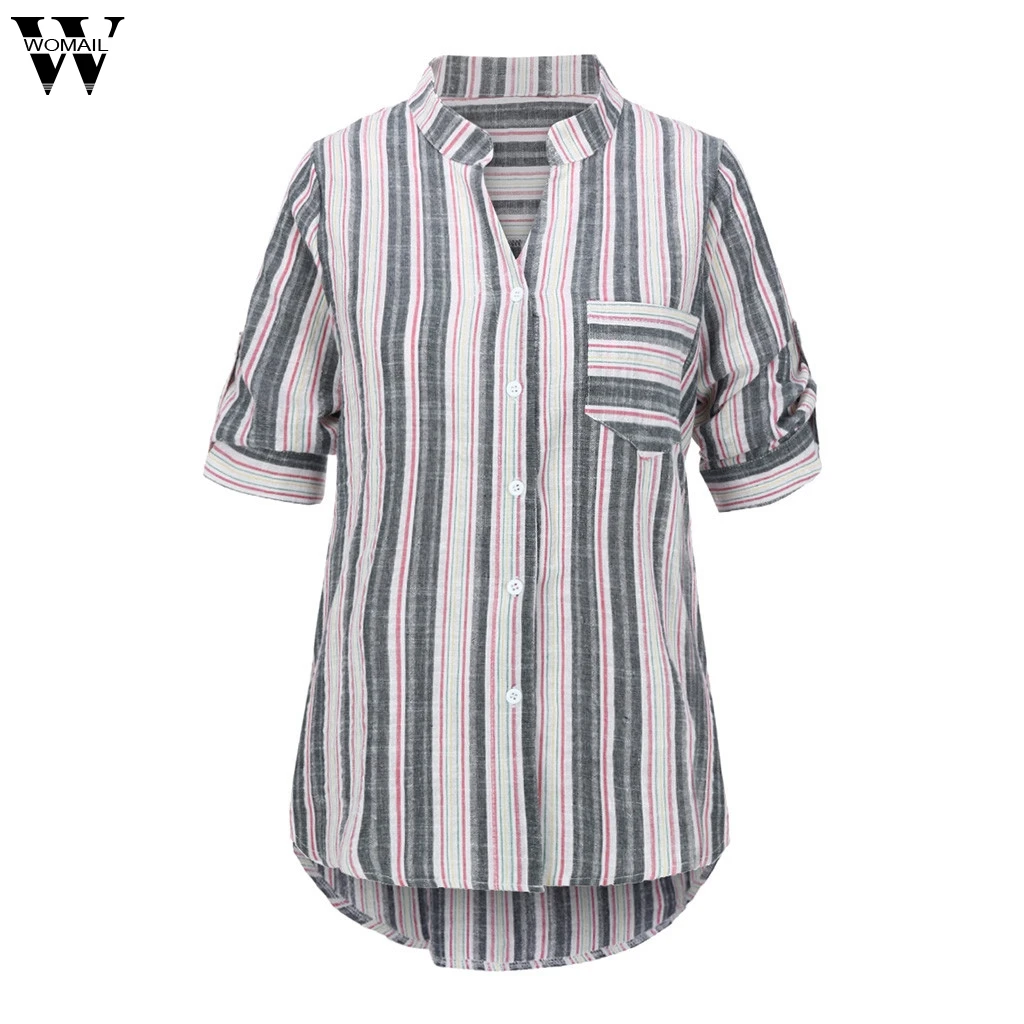 

Womail Black Green Women's T-shirt Plus Size Fashion Casual Tops Multicolor Striped Pocket High Low Shirt For Ladies JULY2