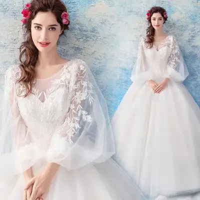 Новинка года; белое кружевное платье с длинными рукавами для молодых мам; длинное банкетное свадебное платье; бальное платье - Цвет: Белый