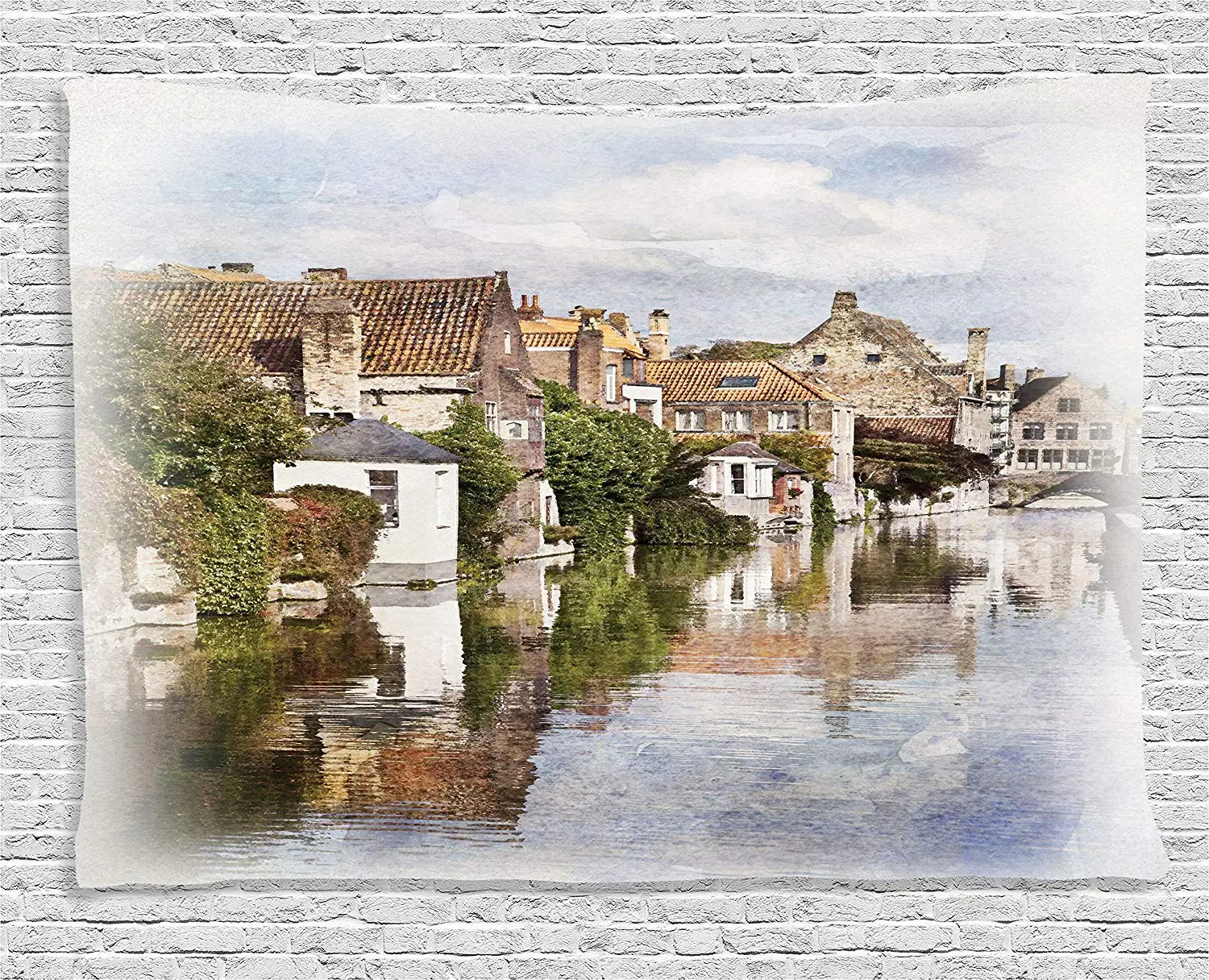 

Wanderlust Decor Tapestry Bruges Canal View Classic Gothic Architecture Building Artsy Watercolor Paint Effect Wall Hanging