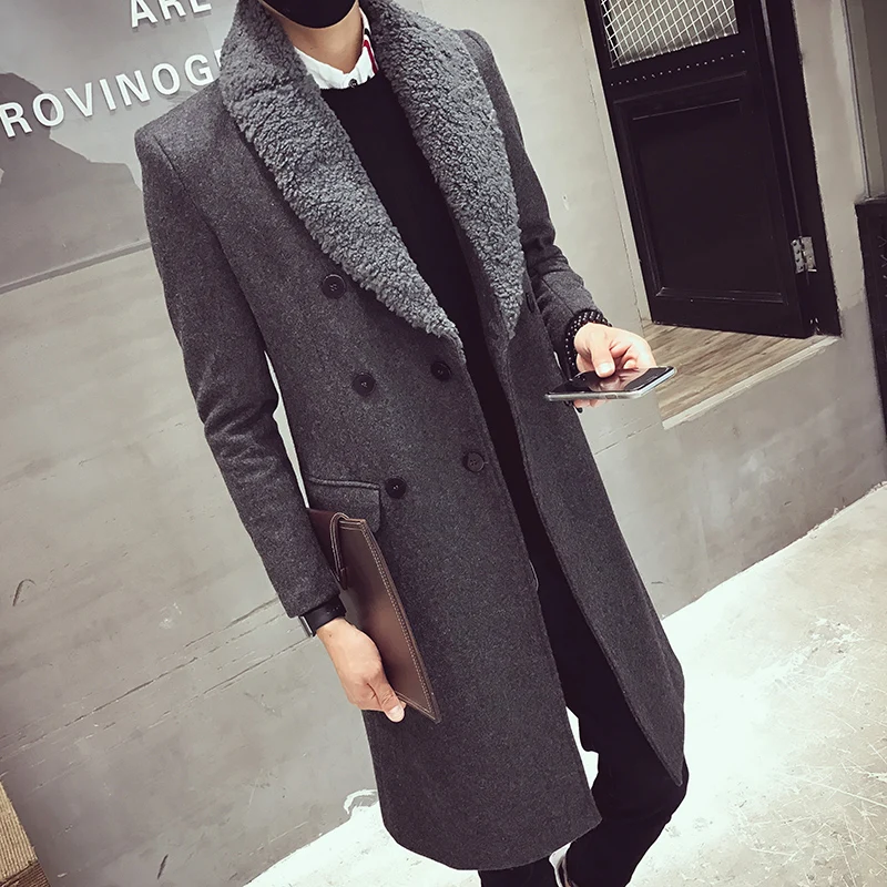 

Men's clothing 2018 winter new slim slimming long fur collar windbreaker streetwear men's British wind slim coat wool coat