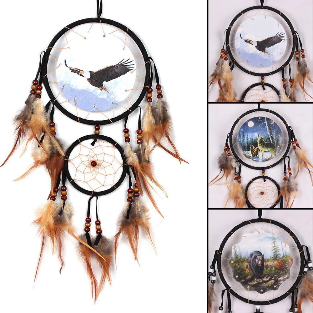 

Eagle Bear Wolf Design Handmade Dream Catcher With Feathers Animal Pattern Car Wall Hanging Decorations Ornament DreamCatcher