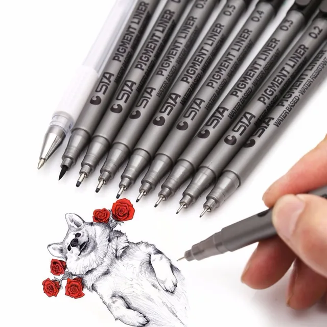 9 pcs lot different tip sizes black pigment liner water based art