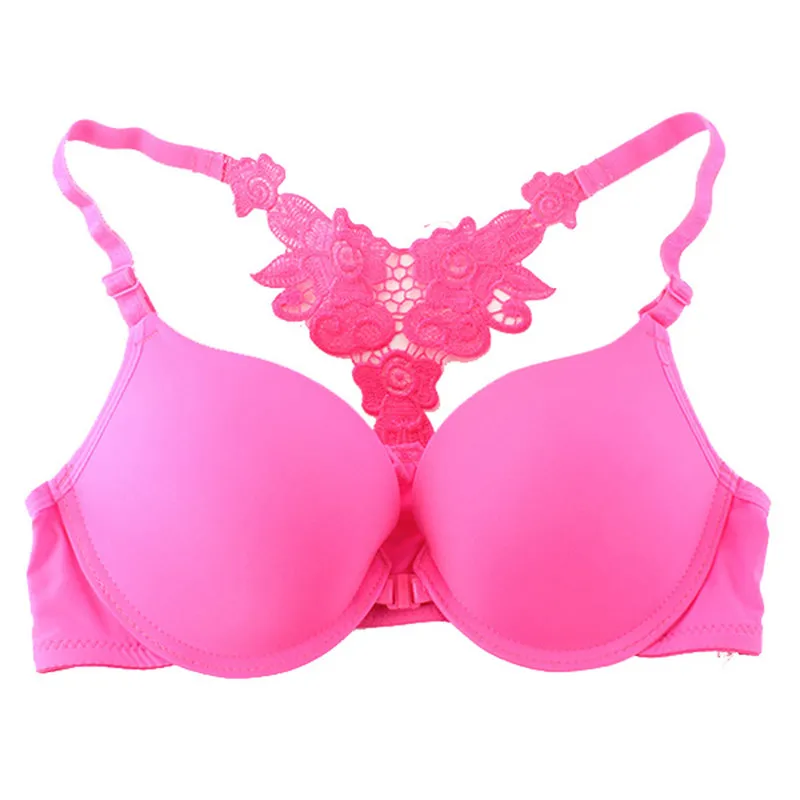 Women Sexy Front Closure Lace Bras Racer Back Push Up Seamless Bra Intimates 32 34 36 Full B Cups - Цвет: Rose Red