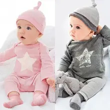 NEW ARRIVAL GREY COTTON Newborn Baby Infant Romper Bodysuit 3-pc Star Tops Pant Hat Outfits Clothing set