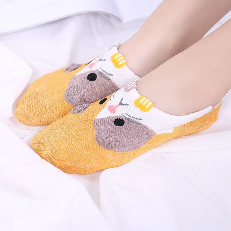 Японский Для женщин девушки летний Невидимый короткие носки-башмачки милые мультфильм Хомяк печати 3D лапы Противоскользящие силиконовые хлопок Чулочно-носочные изделия